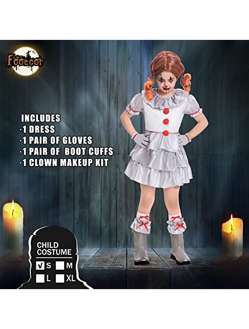 Fooecor Clown Costume for Girls Halloween Scary Clown Costume Dress Up,Clown Makeup Kit Red Nose Included