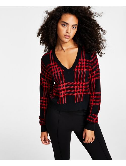 Bar III BAR III Women's Plaid V-Neck Drop-Shoulder Sweater, Created for Macy's