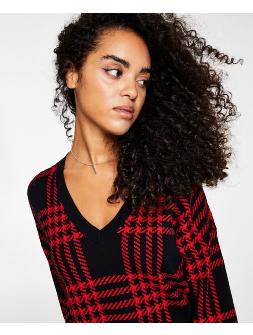 Bar III BAR III Women's Plaid V-Neck Drop-Shoulder Sweater, Created for Macy's