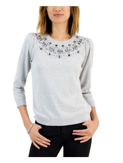 Women's Jewel-Embellished Puff-Sleeve Sweater, Created for Macy's