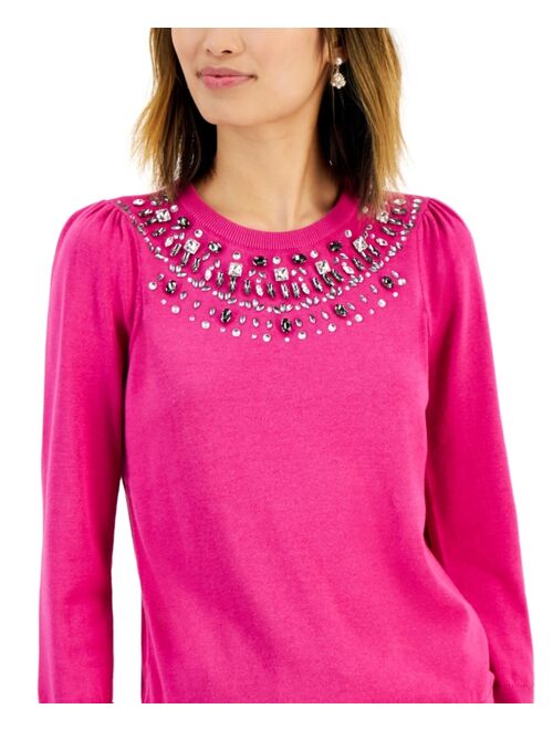 CHARTER CLUB Women's Jewel-Embellished Puff-Sleeve Sweater, Created for Macy's