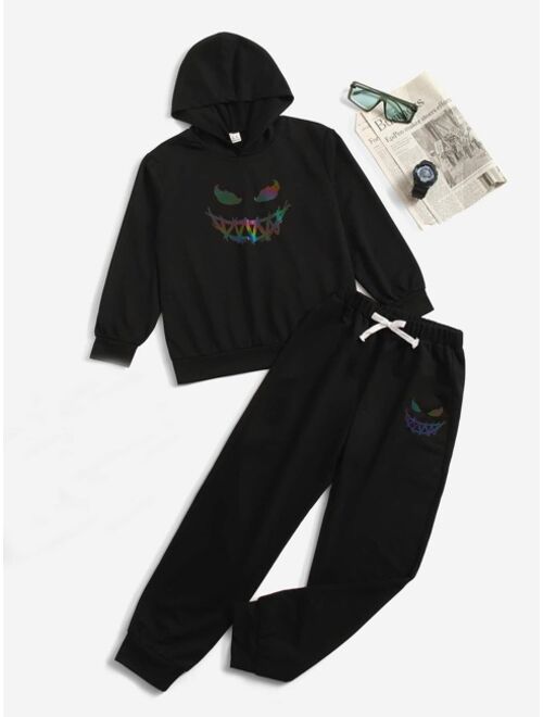 SHEIN Boys Reflective Expression Print Hoodie & Bow Front Sweatpants