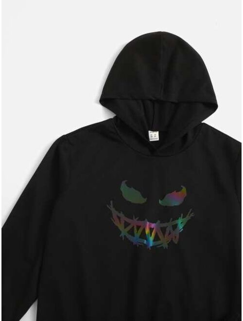 SHEIN Boys Reflective Expression Print Hoodie & Bow Front Sweatpants