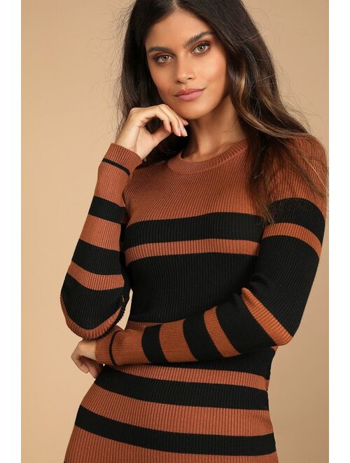 Lulus Thankful for You Brown and Black Striped Sweater Dress