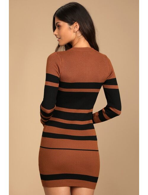 Lulus Thankful for You Brown and Black Striped Sweater Dress