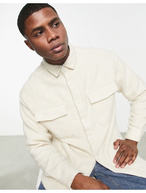 ASOS DESIGN 90s oversized wool mix shirt in beige herringbone