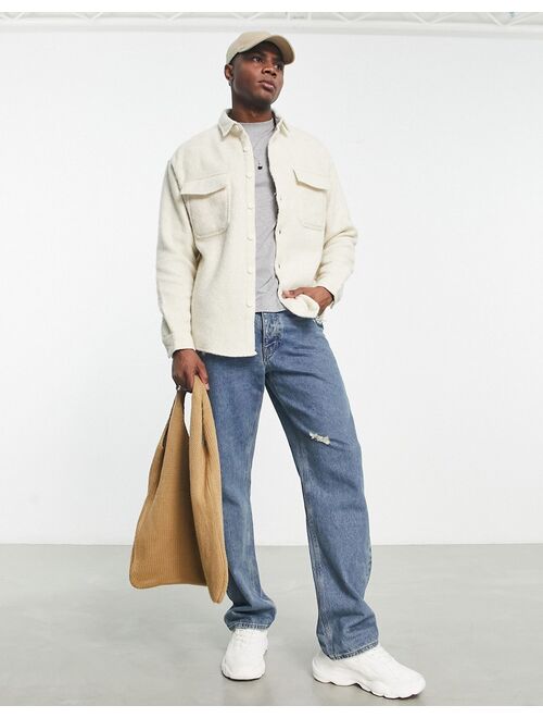ASOS DESIGN 90s oversized wool mix shirt in beige herringbone