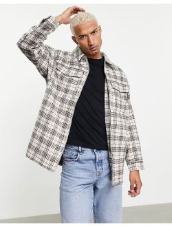 oversized wool look shacket in gray and ecru check with contrast panel