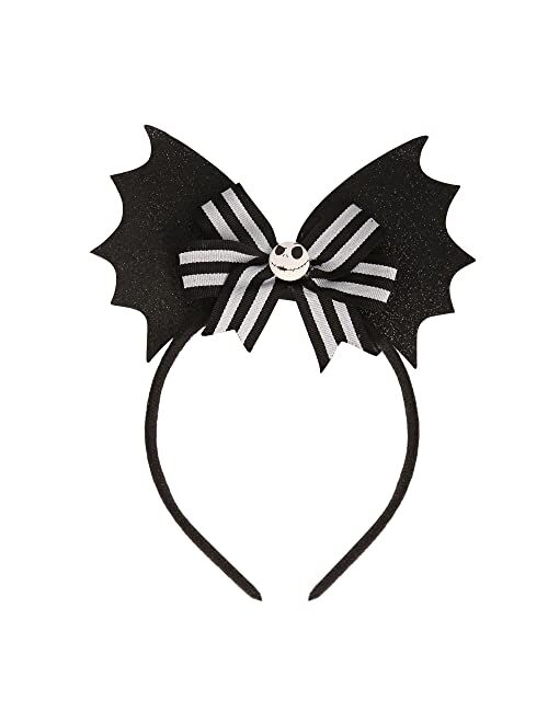 Disney The Nightmare Before Christmas Halloween Headband for Women - Black Batwings Headband with Striped Bow and Jack Skellington Charm