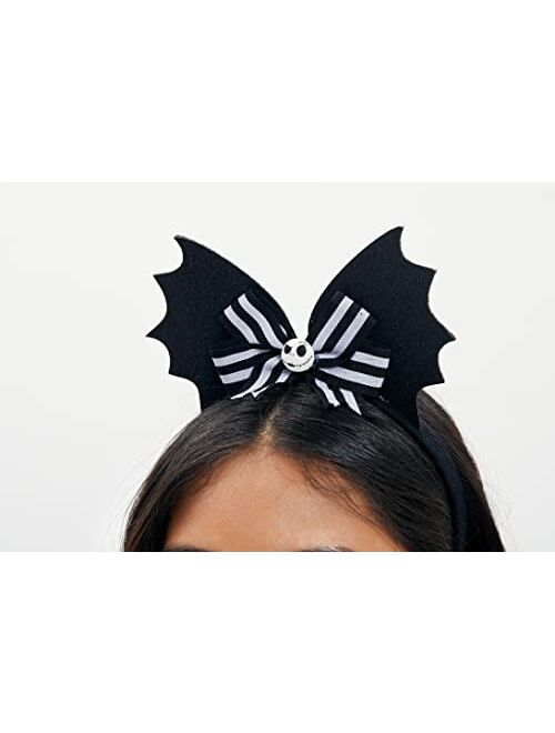Disney The Nightmare Before Christmas Halloween Headband for Women - Black Batwings Headband with Striped Bow and Jack Skellington Charm