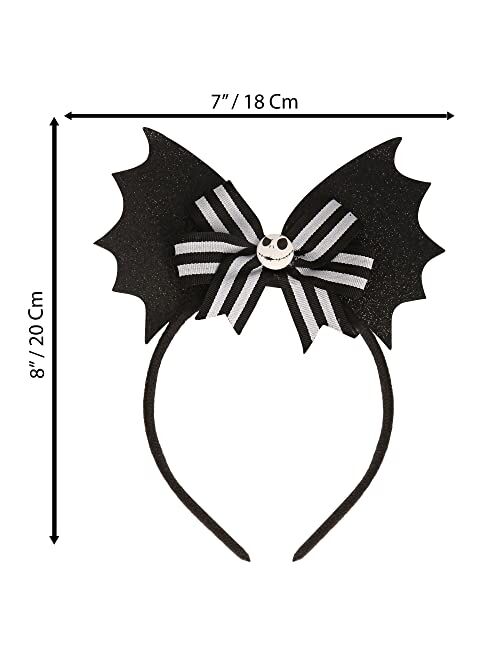 Disney The Nightmare Before Christmas Halloween Headband for Women - Black Batwings Headband with Striped Bow and Jack Skellington Charm
