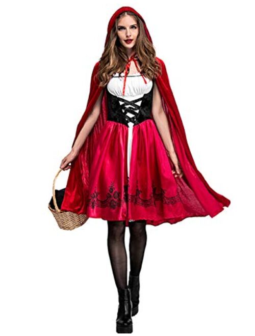 Colorful House Red Little Riding Hood Costume For Women, Christmas Halloween Party Dress with Cape Adult Role-Playing