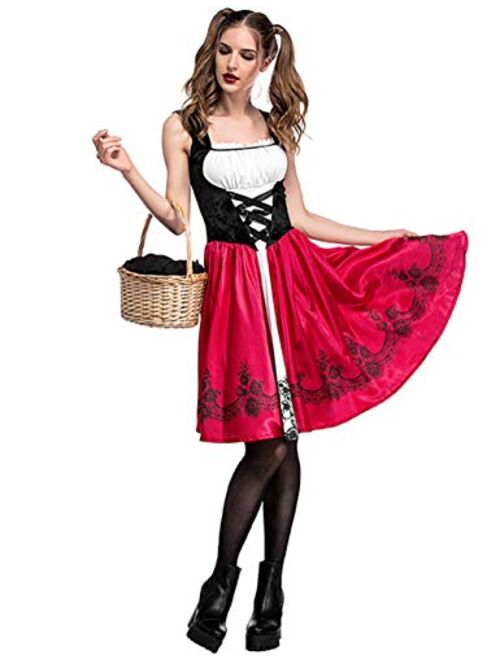 Colorful House Red Little Riding Hood Costume For Women, Christmas Halloween Party Dress with Cape Adult Role-Playing