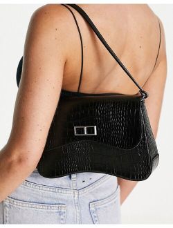curved base shoulder bag with feature hardware in black croc