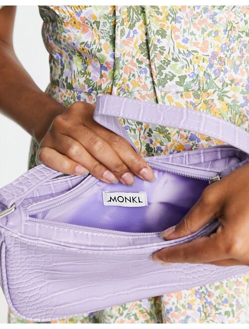 Monki faux croc 00s shoulder bag in lilac