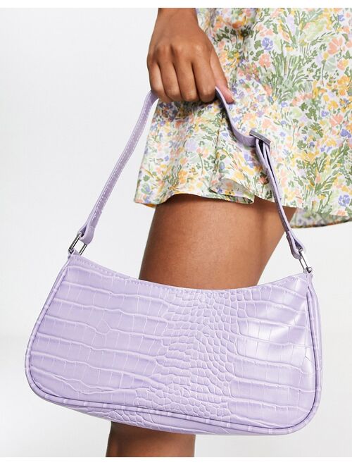 Monki faux croc 00s shoulder bag in lilac