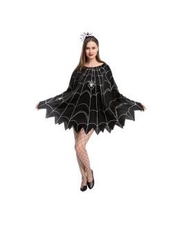 Spider Web Dress Poncho Costumes with Spider Headband for Halloween Dress Up Party Cosplay