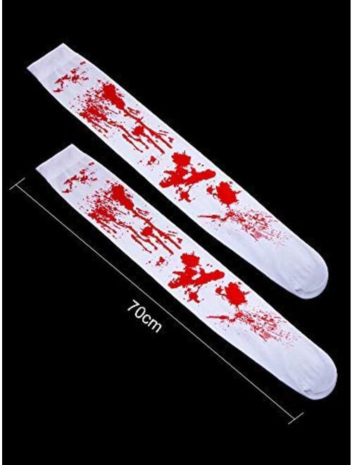 Tatuo Women Stockings High Socks for Halloween Cosplay Costume, 2 Pairs (Blood Stained) White and Red
