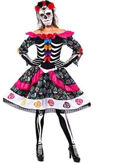 Womens Day of The Dead Spanish Costume Set for Halloween Lady Dress Up Party, Dia de Los Muertos