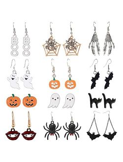 Dcfywl731 24 Pairs Halloween Stud Earrings Sets Bat Cat Witch Stud Earrings Set Spider Web Pumpkin Skull Drop earrings Halloween Jewelry for Women