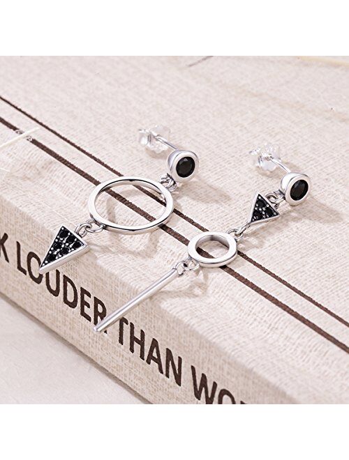 WOSTU Geometry Women's Sterling Silver Tassel Drop Earrings Handmade Threader Earrings Asymmetrical Earrings