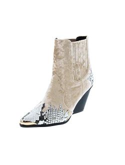 Women Mixed Media Pointy Toe Flame Pattern Cowboy Bootie HJ88