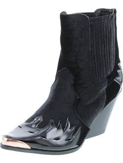 Women Mixed Media Pointy Toe Flame Pattern Cowboy Bootie HJ88
