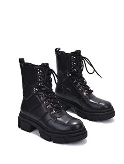 Serafina Combat Boots, Lace up with D ring Chunky Block High Top Ankle Bootie