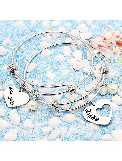 lauhonmin 2pcs Bangle Bracelets for Women Girl Mother Daughter Expandable Pearl Bracelets Set Mother's Day Christmas