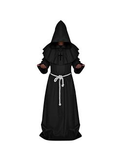 LETSQK Men's Friar Medieval Hooded Monk Priest Robe Tunic Halloween Cosplay Costume