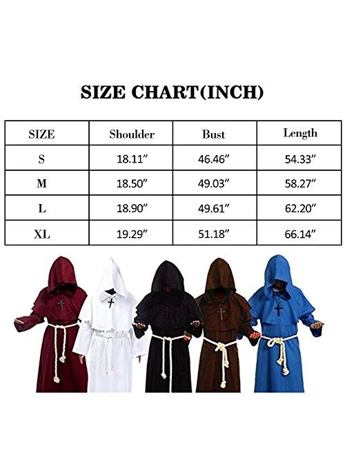 LETSQK Men's Friar Medieval Hooded Monk Priest Robe Tunic Halloween Cosplay Costume