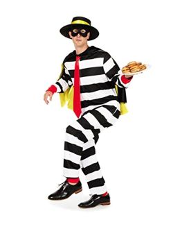 Halloween Mens Hamburger Thief Costume - Striped Burglar Adult Onesie - Brimmed Hat with Tie and Mask