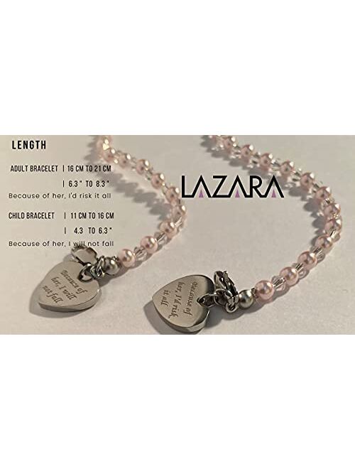 LaZara Mommy & Me Matching Shell Pearl Bracelet Heart Charm with Personal Messages Handmade Stainless-Steel Band + Grow with Me Adjustable Length
