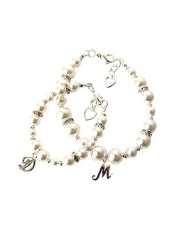 MelJoy Creations Jewelry Mother Daughter Bracelet Set of 2, Choice of Charms Sizes Colors, Sterling Silver Initial Charm Bracelets, Matching Personalized Pearl Bracelets,