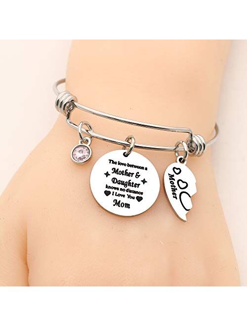 JQFEN Mother Daughter Heart Charm Bangle Family Present Adjustable Bracelet Women Girl Jewelry - The Love Between Mother and Daughter Knows No Distance I Love You Mom