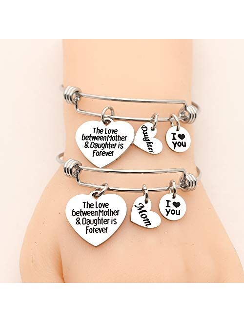 JQFEN Stainless Steel Mother Daughter Bangle Adjustable Heart Charm Bracelet Jewelry Gift for Mom