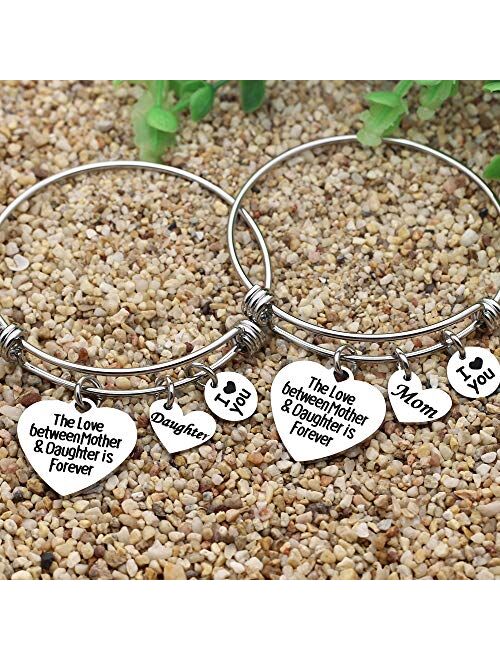 JQFEN Stainless Steel Mother Daughter Bangle Adjustable Heart Charm Bracelet Jewelry Gift for Mom