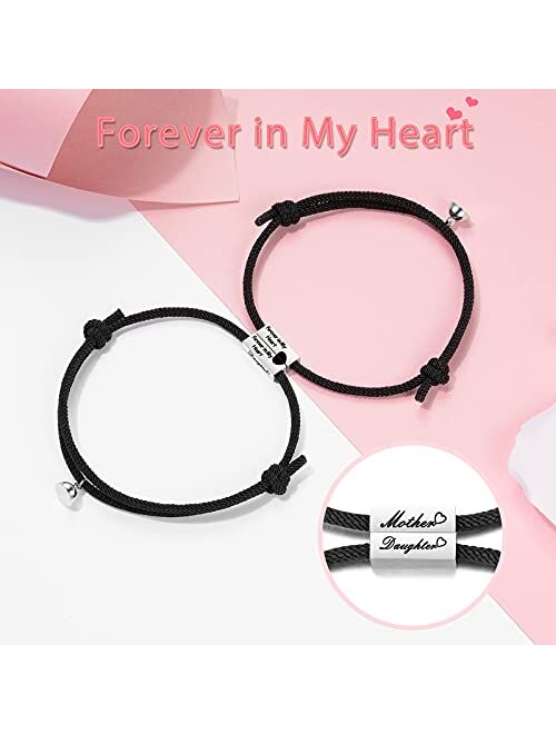 UNGENT THEM Magnetic Connecting Bracelets Set for Mother Daughter Engraved Love Heart Bracelet Mothers Day Jewelry Gifts for Mom Daughter Women Girls