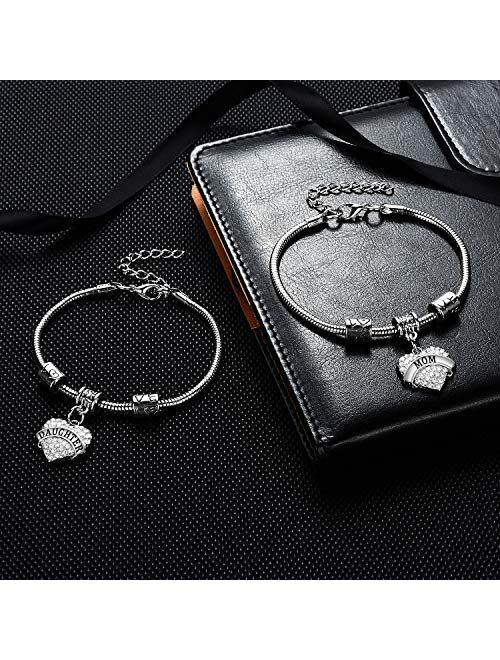 YEEQIN Set of 2 Crystal Heart Mom Daughter Charm Bracelet Jewelry Gift for Mother and Daughter