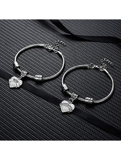 YEEQIN Set of 2 Crystal Heart Mom Daughter Charm Bracelet Jewelry Gift for Mother and Daughter