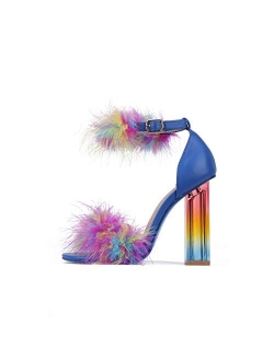 Antisocial Sexy Chunky Block High Heels for Women, Transparent Strappy Open Toe Shoes Heels with Feathers