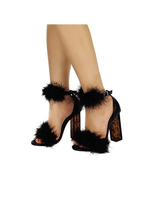 Cape Robbin Antisocial Sexy Chunky Block High Heels for Women, Transparent Strappy Open Toe Shoes Heels with Feathers