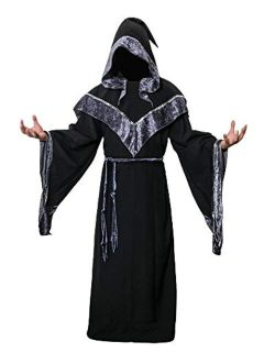 Amnpolen Mens Medieval Dark Mystic Sorcerer Robe Halloween Costume Hooded Cape Cosplay Cloak
