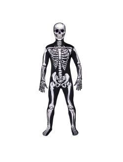 Halloween Men Realistic Skeleton Costume Realistic Skull Bodysuit with Hood for Adult Halloween Dress Up Party-S
