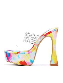 Rika Platform Sexy High Heels for Women, Clear Straps Square Open Toe Shoes Heels with Rhinestone