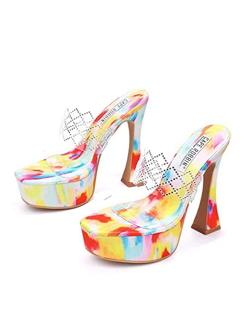 Cape Robbin Rika Platform Sexy High Heels for Women, Clear Straps Square Open Toe Shoes Heels with Rhinestone