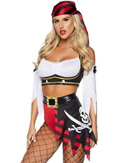 Women's 4 Pc Wicked Pirate Wench Costume with Top, Sleeves, Scarf, Bottoms