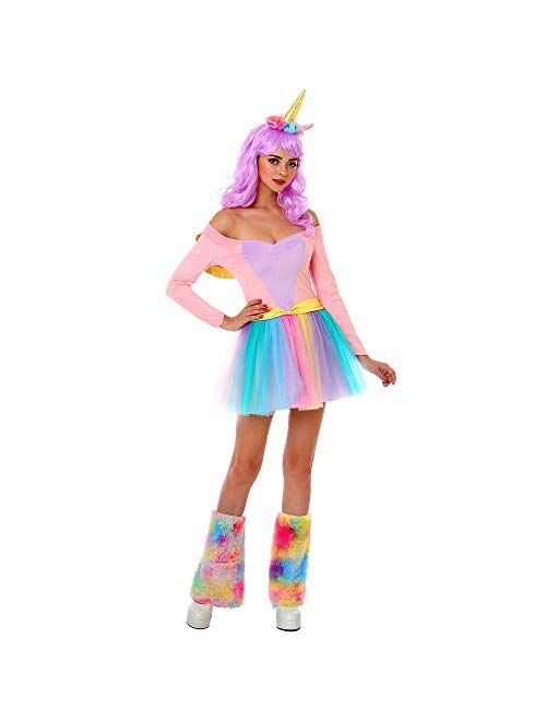 Hauntlook Unicorn Halloween Costume for Women | Includes Dress, Leg Warmers and Head Accessory | Rainbow Unicorn Small