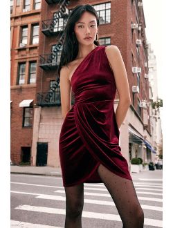All the Luxe Wine Red Velvet Lace One-Shoulder Mini Dress