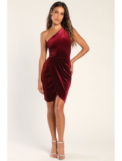 Lulus All the Luxe Wine Red Velvet Lace One-Shoulder Mini Dress
